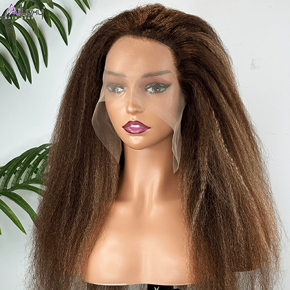 AILUXY 13x4 Lace Frontal Perruque Kinky Lisse Longue #4/27 200% Densité 100% Cheveux Humains