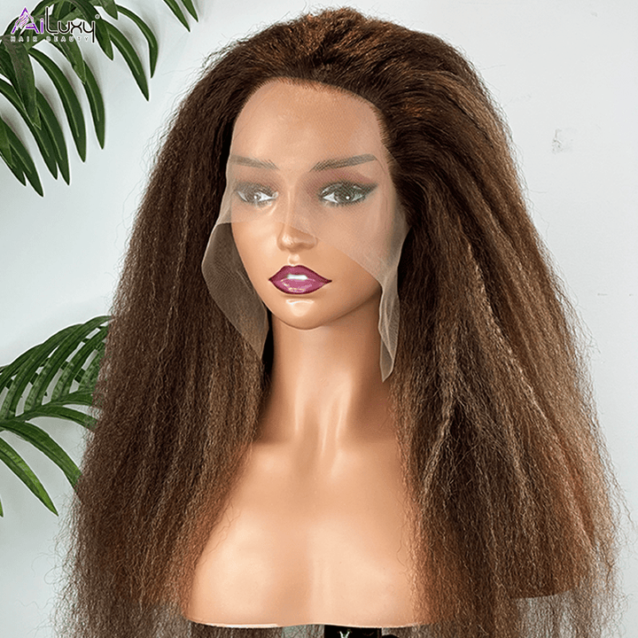 AILUXY 13x4 Lace Frontal Perruque Kinky Lisse Longue #4/27 200% Densité 100% Cheveux Humains