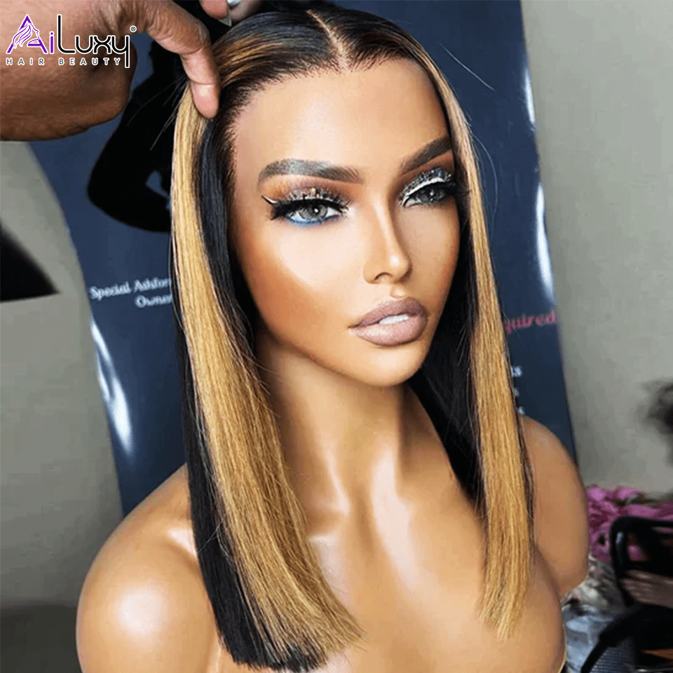 AILUXY 13x4 Lace Frontal Bob 200% densité Perruque LISSE Courte Perruque 100% Cheveux Humains