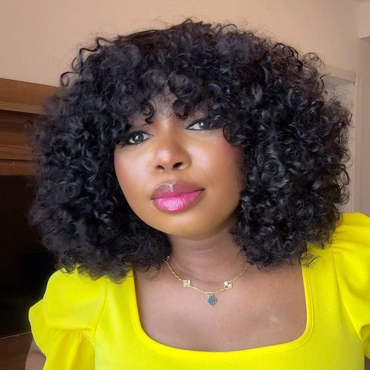 AILUXY Perruque entièrement fabriquée à la machine BOB 14 pouces bouclée avec frange droite, style polyvalent