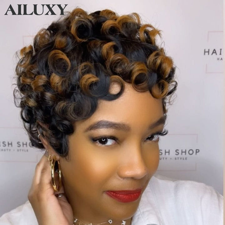 AILUXY Perruque sexy bouclée ondulée brune à reflets faite à la machine