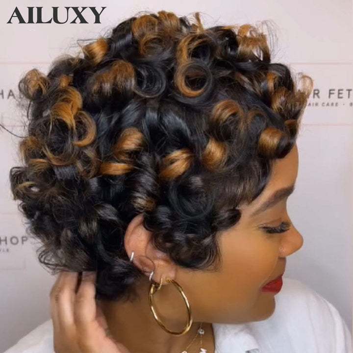 AILUXY Perruque sexy bouclée ondulée brune à reflets faite à la machine