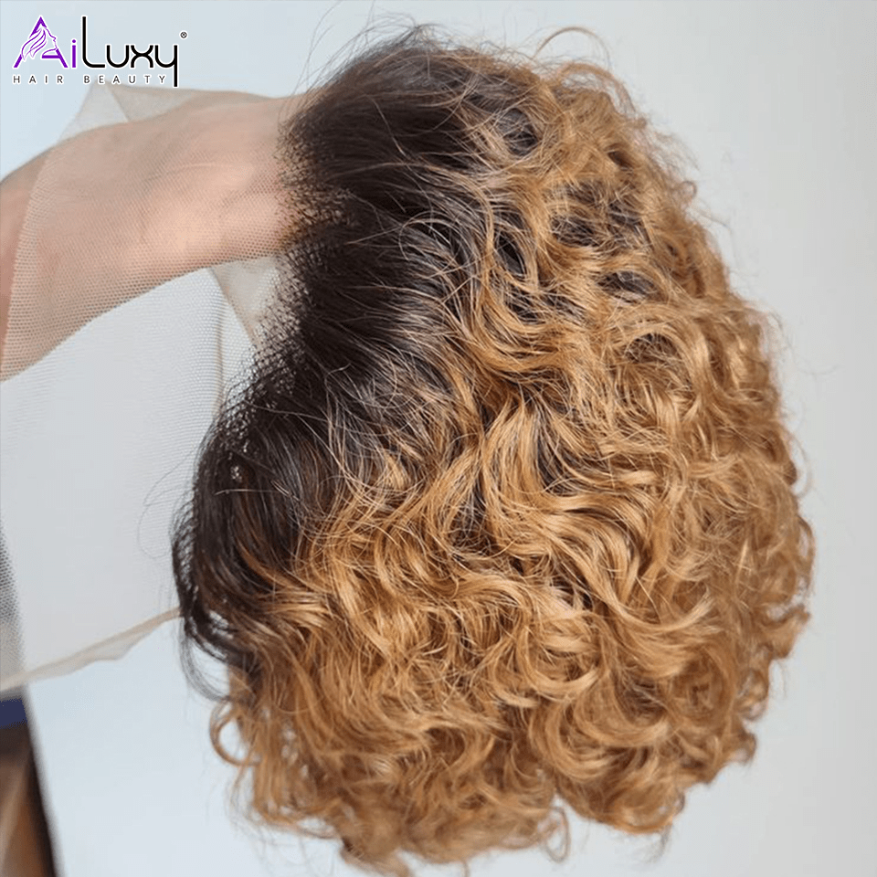 AILUXY T Part Lace Bouclé Noir Châtain 1B/27 Courte Perruque 100% Cheveux Humains