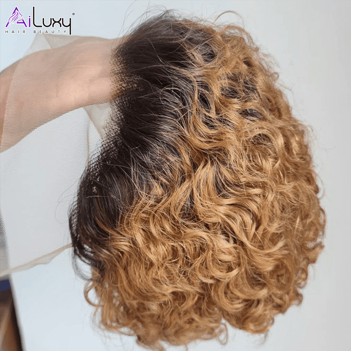 AILUXY T Part Lace Bouclé Noir Châtain 1B/27 Courte Perruque 100% Cheveux Humains