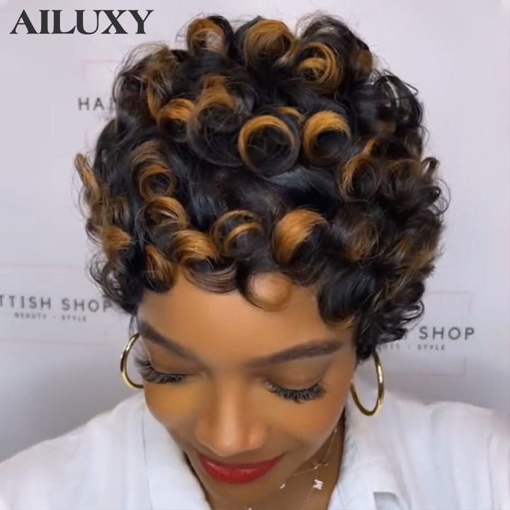 AILUXY Perruque sexy bouclée ondulée brune à reflets faite à la machine