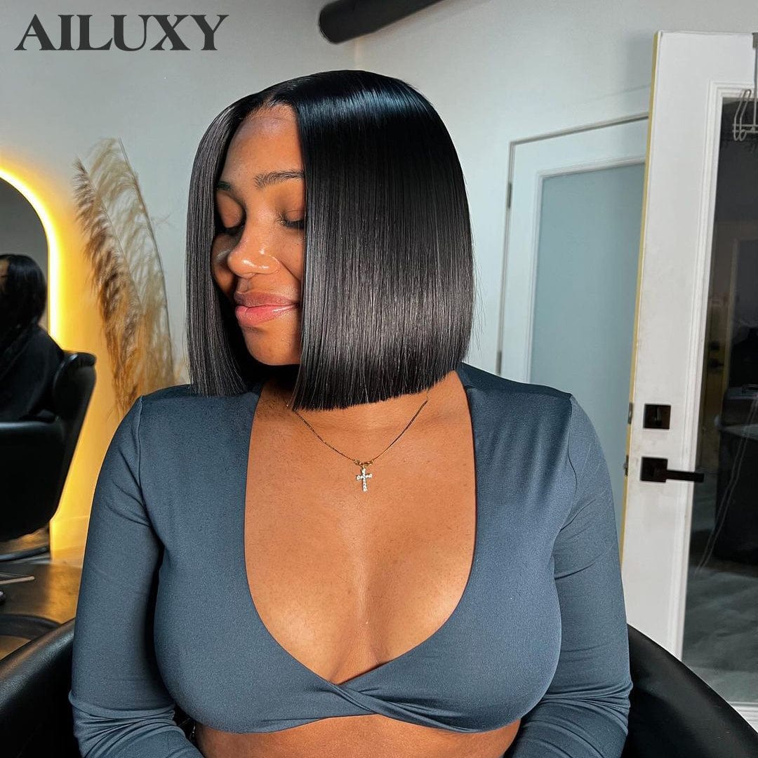 Vente Flash AILUXY 2x6 Lace Closure Perruque Lisse Bob perruque Couleur naturelle 200% densité 100% cheveux humains
