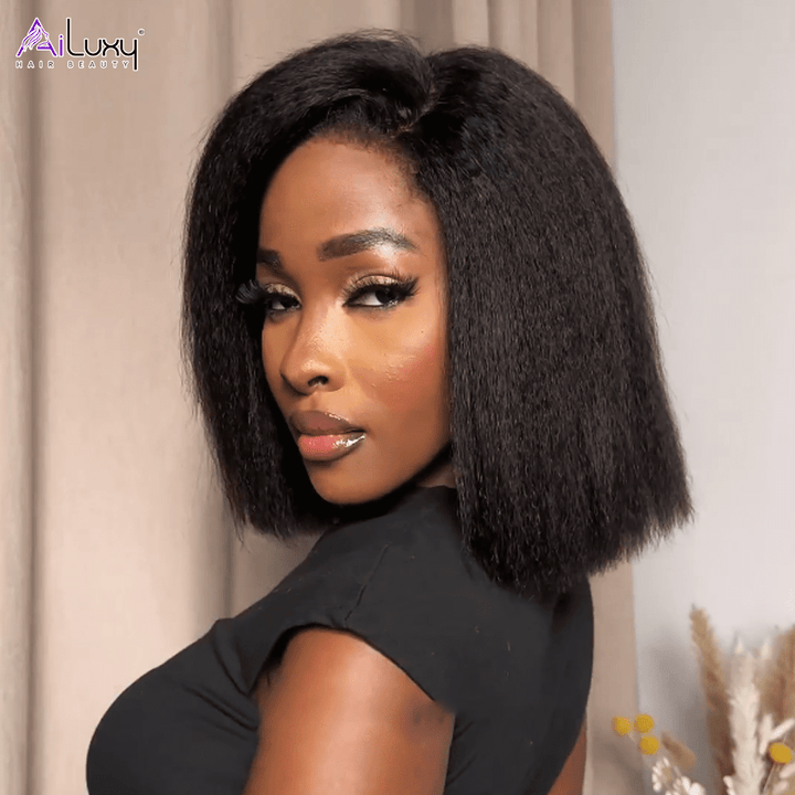 AILUXY 13x4 Lace Frontal Kinky Lisse Noir Bob Perruque 200% Densité 2.0
