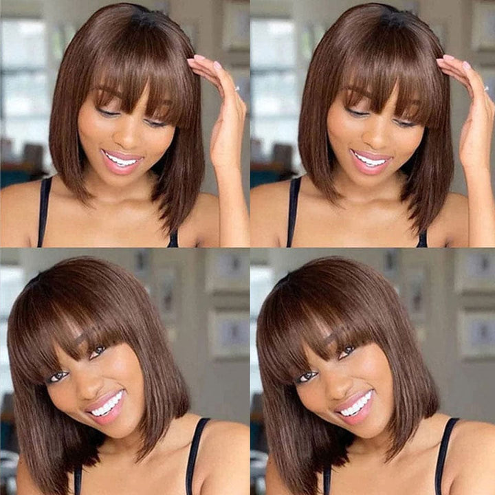 AILUXY Lisse Marron Bob Perruque Avec Frange Perruque 100% Cheveux Humains