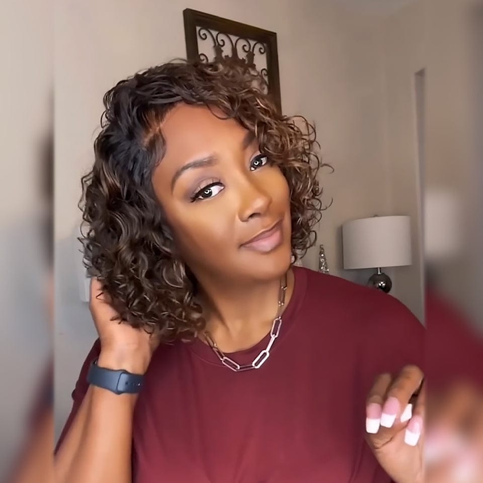 AILUXY Perruque 13x4 Lace Closure Perruque BOB Curly 200% densité 100% Cheveux humains