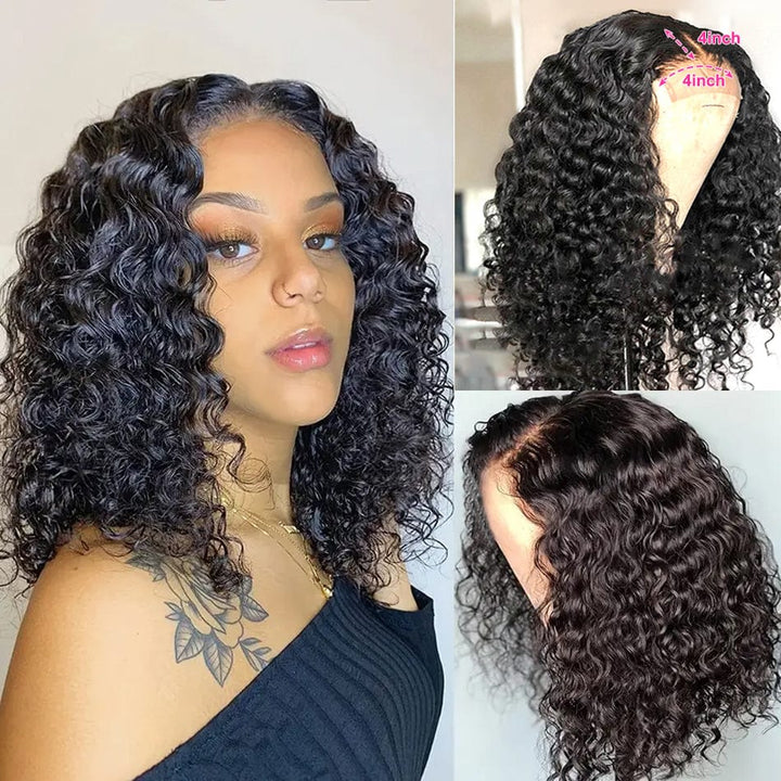 AILUXY 4x4 Lace Closure Perruque Boucleé Courte Bob Perruque Noir 250% densité 100% cheveux humains