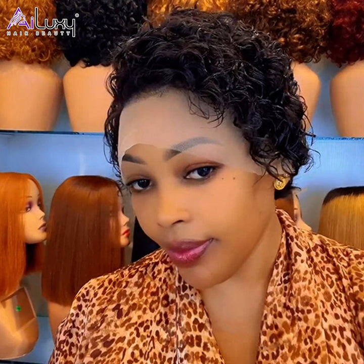 AILUXY nouveau bouclé 13x4 Lace Bob Noir Perruque Perruque 100% Cheveux Humains comme sur la vidéo 4 - 5 jours reçus+Un beau cadeau+100% identique à l'image