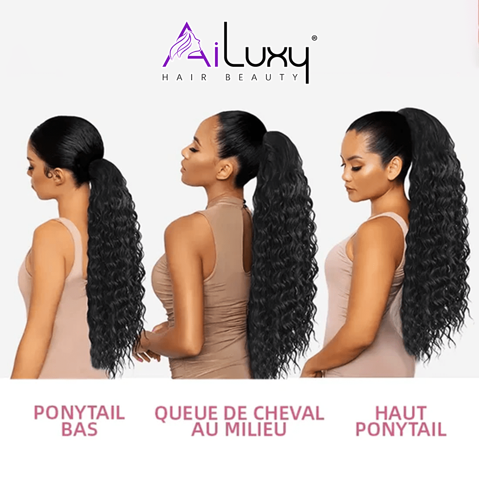 AILUXY Perruque Extension Water Wave cheveux humains Ponytail Queues cheval hautes