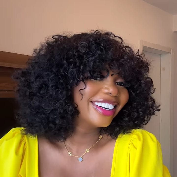 AILUXY Perruque entièrement fabriquée à la machine BOB 14 pouces bouclée avec frange droite, style polyvalent