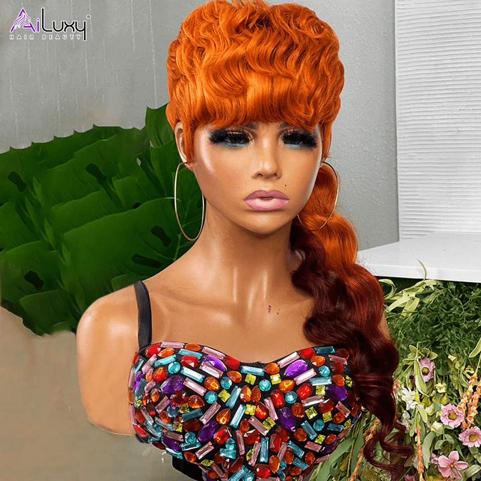 AILUXY Longue Orange Mulet Mulet Perruque 100% Cheveux Humains comme sur la vidéo