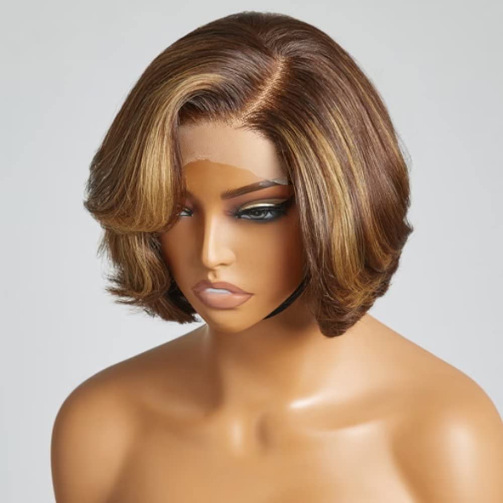 AILUXY 13x4 Lace Frontal Perruque Lisse Courte Bob Perruque 200% Densité P4/27#