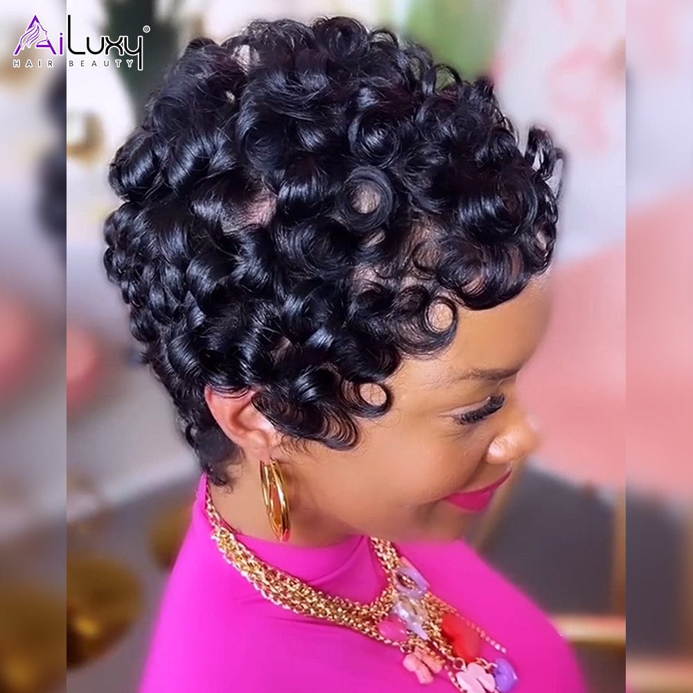 AILUXY Perruque Pixie en Dentelle avec Finition Ondulée en Soie 2.0