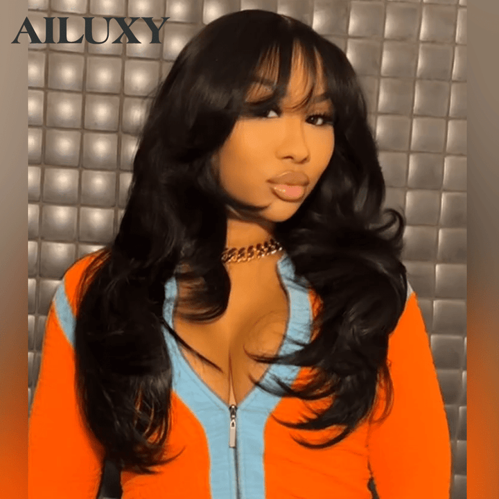 (En France)AILUXY Perruque Mécanisée Mi-Longue à Frange Parfaite - Transformation Instantanée