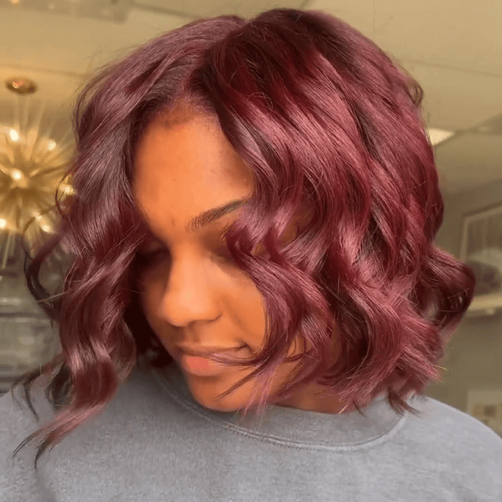 AILUXY 13x4 Lace Frontal Perruque Natural Wave Courte 99J Bourgogne Bob Perruque 200% Densité