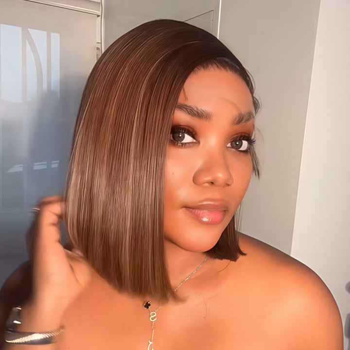 AILUXY Perruque 13x4 Lace BOB Perruque Lisse 200% densité 100% Cheveux humains 4#