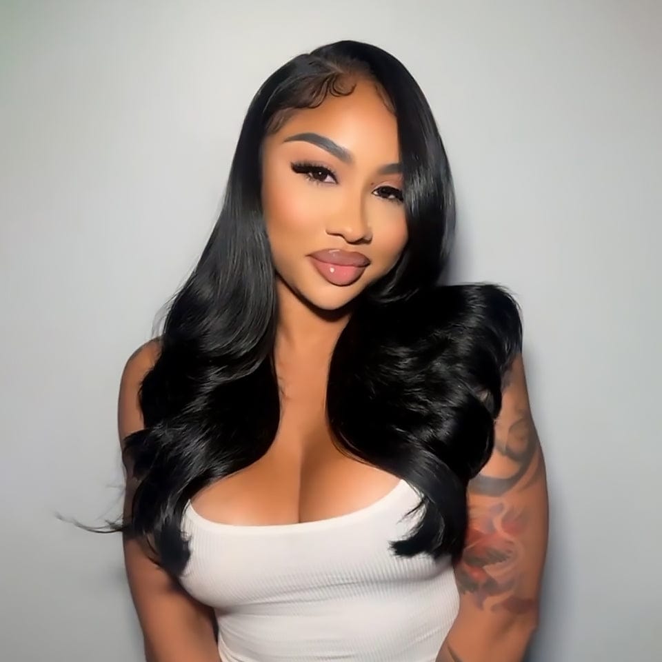 AILUXY 13x4 Lace Body Wave Longue Noir Perruque Perruque Élégante Densité Moyenne