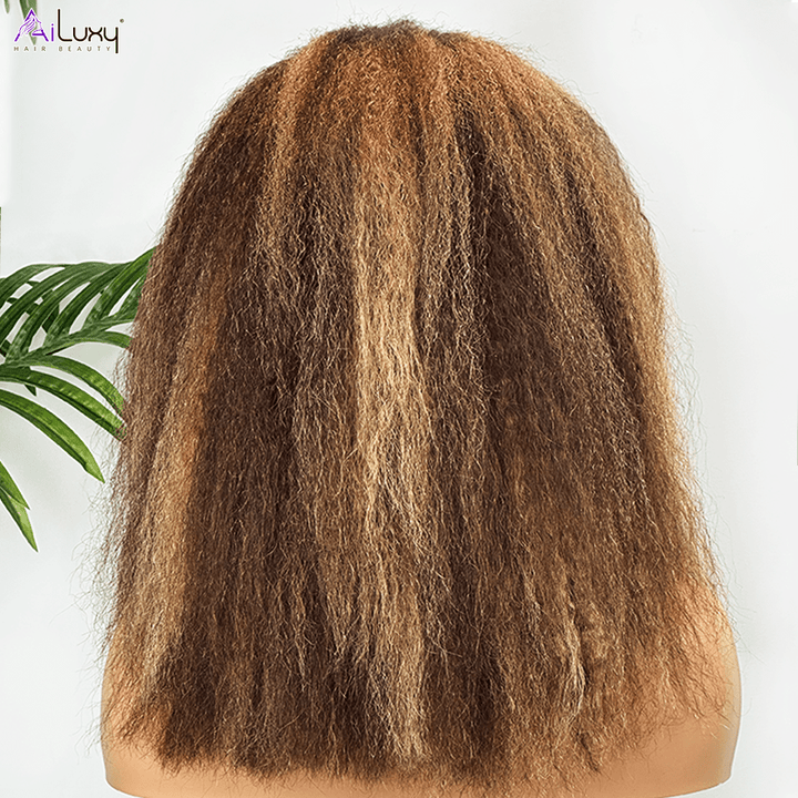 AILUXY 13x4 Lace Frontal Perruque Kinky Lisse Longue #4/27 200% Densité 100% Cheveux Humains
