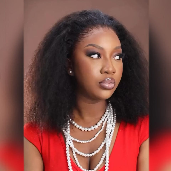 AILUXY 13x4 Lace Frontal Kinky Lisse Noir Bob Perruque 200% Densité 2.0