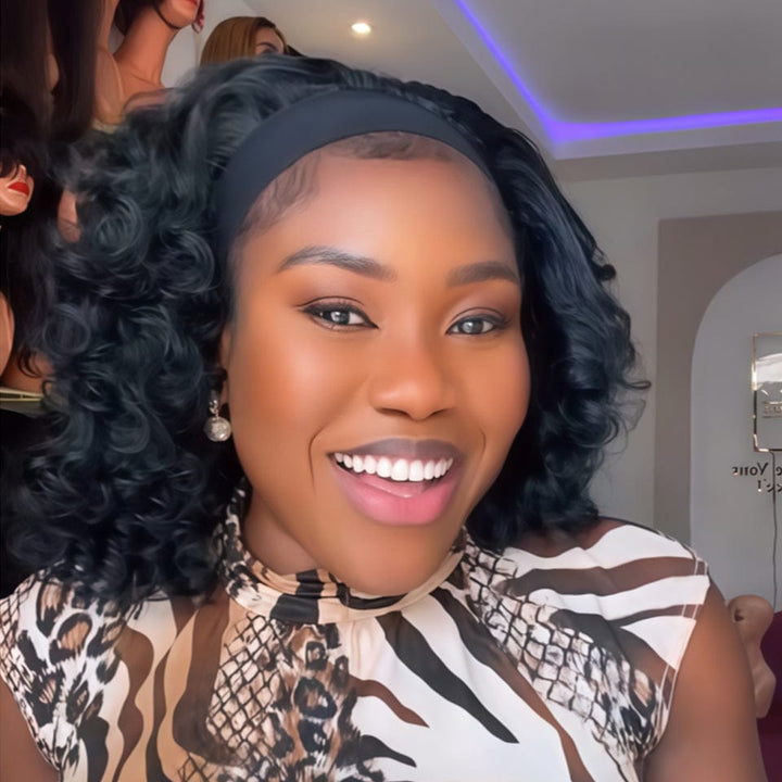 AILUXY Bandeau EGG Wave Noir Bob Perruque 100% Cheveux Humains