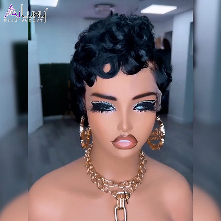 AILUXY Perruque Pixie en dentelle ondulée en soie