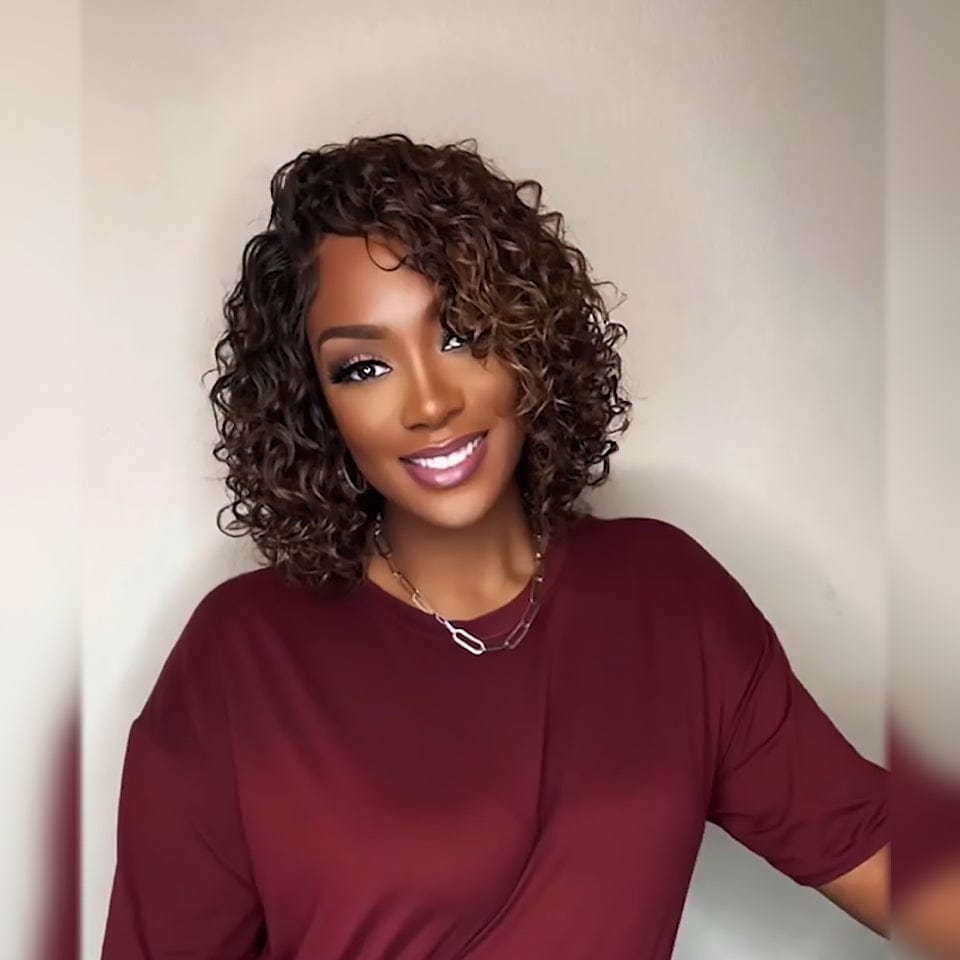 AILUXY Perruque 13x4 Lace Closure Perruque BOB Curly 200% densité 100% Cheveux humains