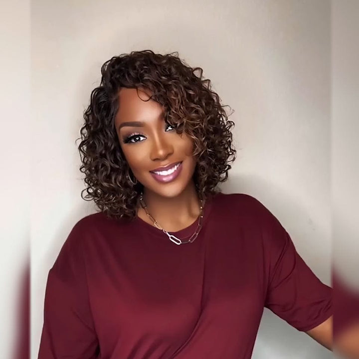 AILUXY Perruque 13x4 Lace Closure Perruque BOB Curly 200% densité 100% Cheveux humains