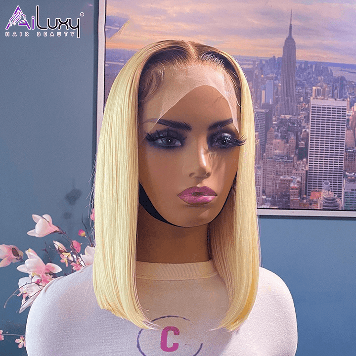 AILUXY 13x4 Lace Frontal Blond Avec Racine Marron Bob 200% densité Perruque Lisse Courte Perruque 100% Cheveux Humains