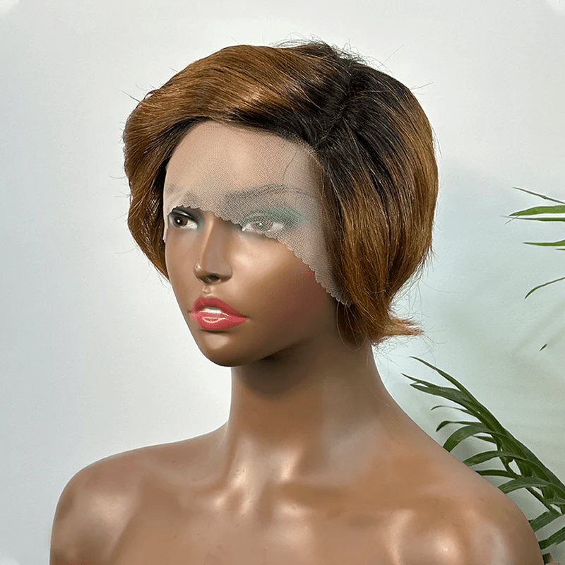 AILUXY Lisse T Part Lace Perruque Courte Brun Balayage Miel 100% Cheveux Humains