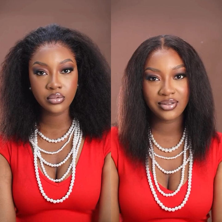 AILUXY 13x4 Lace Frontal Kinky Lisse Noir Bob Perruque 200% Densité 2.0