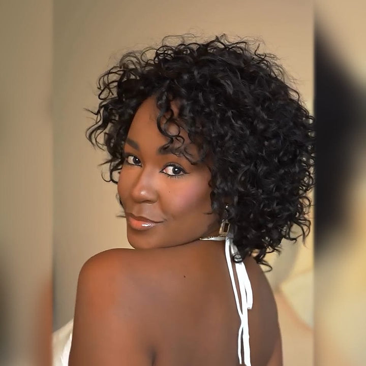 AILUXY Perruque entièrement fabriquée à la machine BOB 14 pouces bouclée avec frange droite, style polyvalent