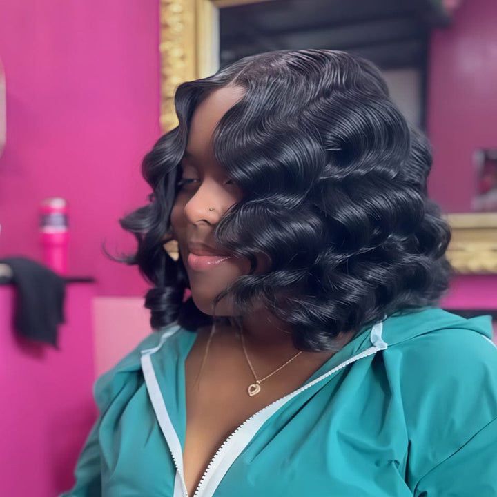 AILUXY 4x4 Lace Closure Perruque loose Wave Noir Courte Bob Perrruque 200% densité 100% cheveux humains