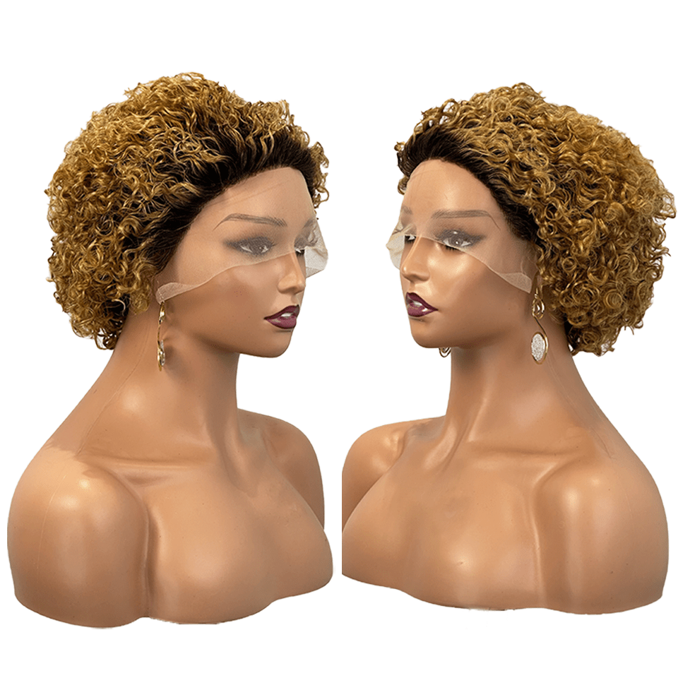 AILUXY T Part Lace Bouclé Noir Châtain 1B/27 Courte Perruque 100% Cheveux Humains