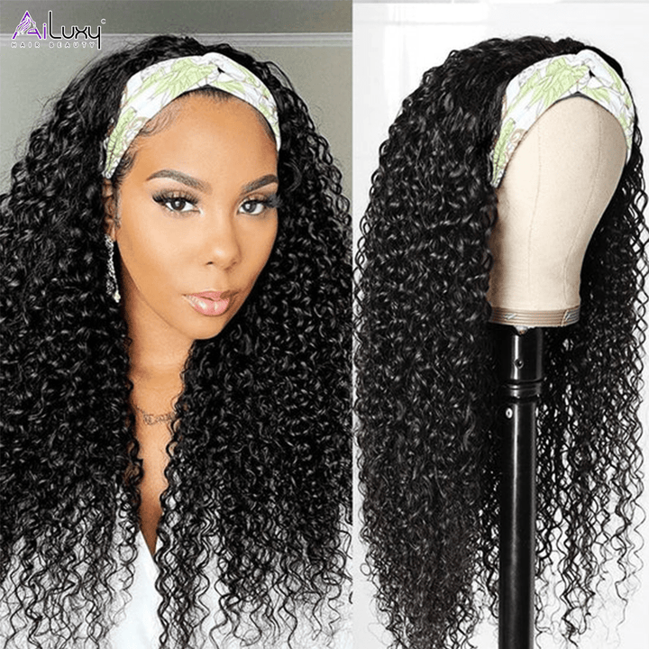 AILUXY Perruque Bandeau Bouclé Longue Noir Perruque 100% Cheveux Humains Densité 200%
