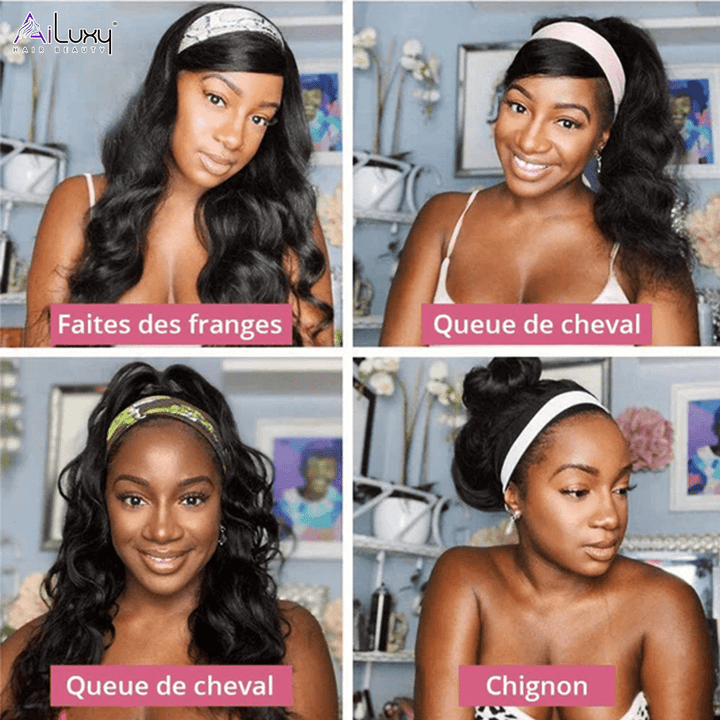 AILUXY Perruque Bandeau Body Wave Longue Noir Perruque 100% Cheveux Humains Densité 200%