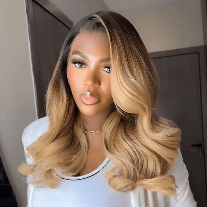 AILUXY 13x4 Lace Frontal Body Wave Longue Noir Châtiain 1B/27 Perruque 100% Cheveux Humains Personnalisé