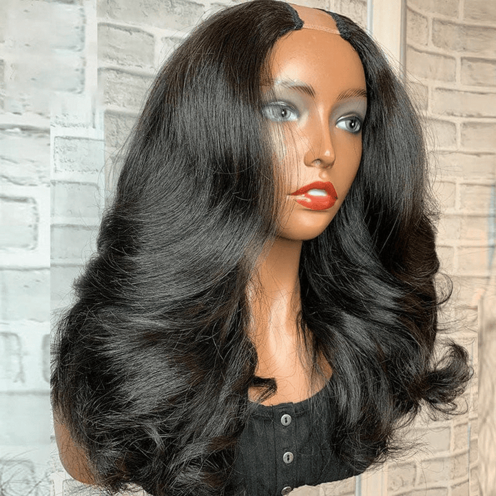 AILUXY U Part Lace perruque Body Wave Noir Longue Perruque 100% Cheveux Humainsce perruque Body Wave Noir Longue Perruque 100% Cheveux Humains