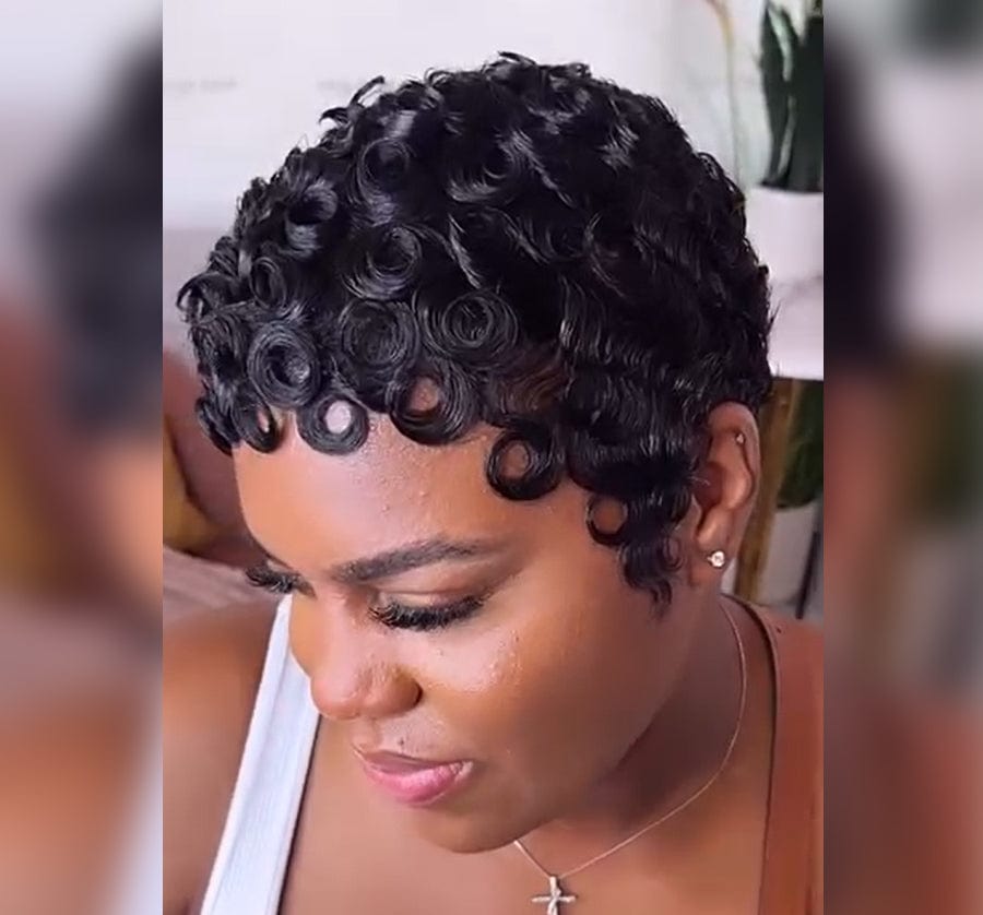 AILUXY Perruque Pixie Finger Wave fabriquée à la machine