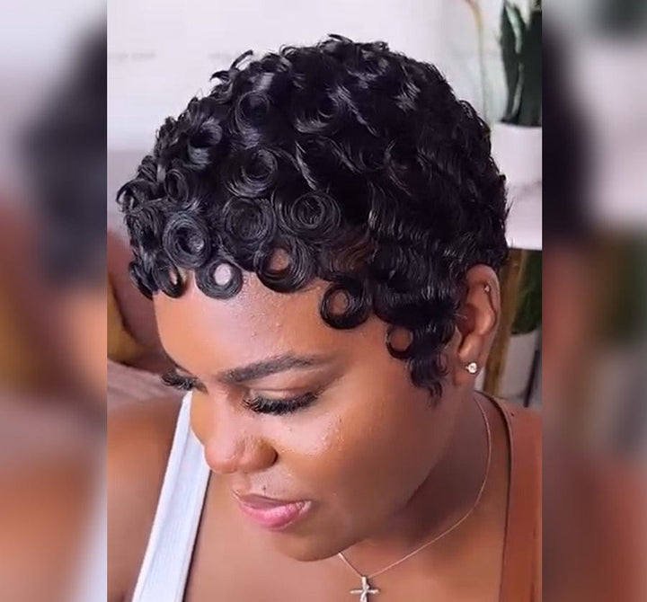 AILUXY Perruque Pixie Finger Wave fabriquée à la machine