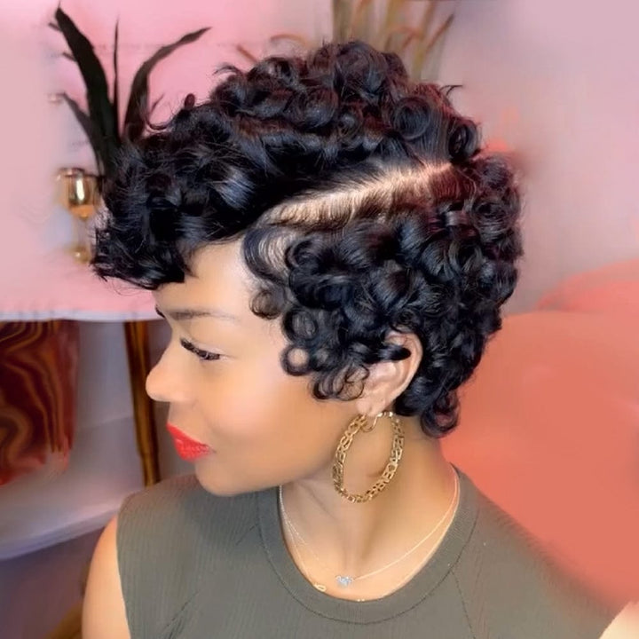 AILUXY Perruque Pixie en Dentelle avec Finition Ondulée en Soie 2.0