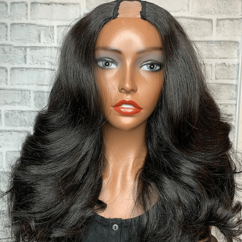 AILUXY U Part Lace perruque Body Wave Noir Longue Perruque 100% Cheveux Humainsce perruque Body Wave Noir Longue Perruque 100% Cheveux Humains