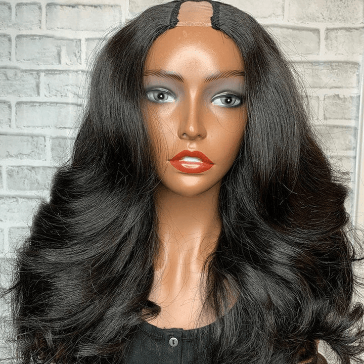 AILUXY U Part Lace perruque Body Wave Noir Longue Perruque 100% Cheveux Humainsce perruque Body Wave Noir Longue Perruque 100% Cheveux Humains