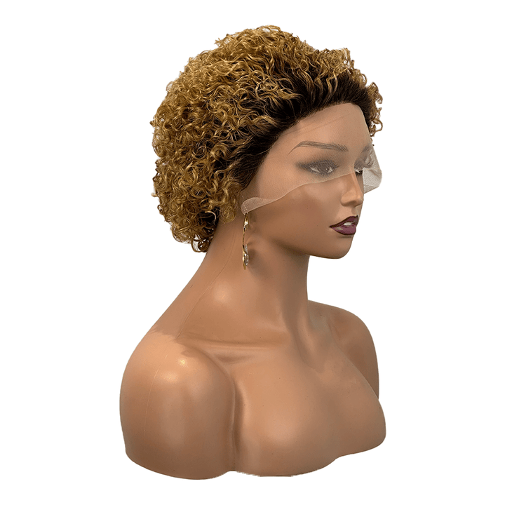 AILUXY T Part Lace Bouclé Noir Châtain 1B/27 Courte Perruque 100% Cheveux Humains