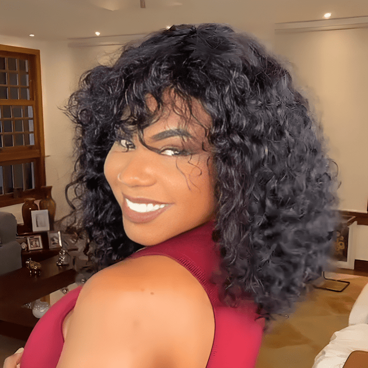 AILUXY Bouclé Noir Bob Perruque Avec Frange Fabriquée à la Machine 100% Cheveux Humains  comme sur la vidéo 2 - 3 jours reçus+Un beau cadeau