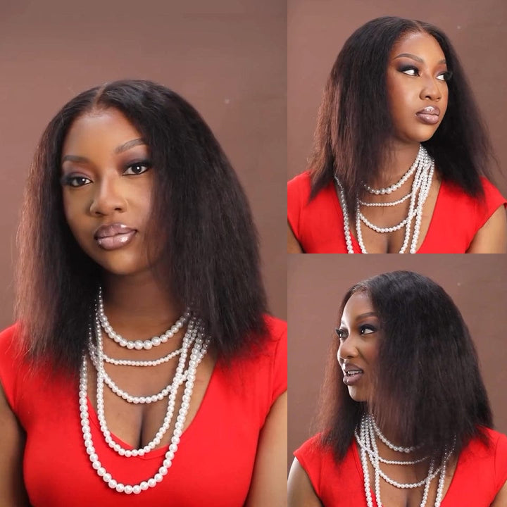 AILUXY 13x4 Lace Frontal Kinky Lisse Noir Bob Perruque 200% Densité 2.0