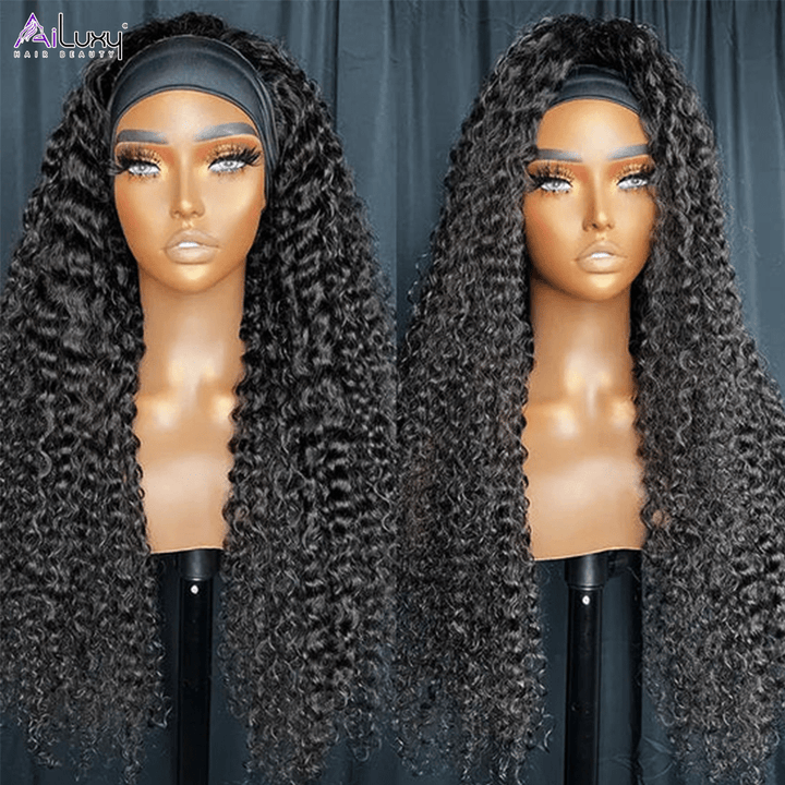 AILUXY Perruque Bandeau Bouclé Longue Noir Perruque 100% Cheveux Humains Densité 200%