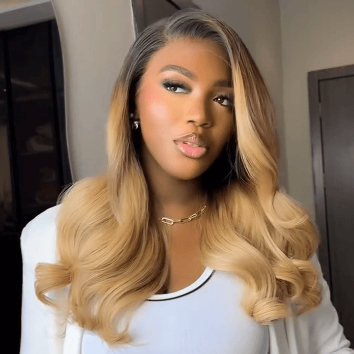 AILUXY 13x4 Lace Frontal Body Wave Longue Noir Châtiain 1B/27 Perruque 100% Cheveux Humains Personnalisé